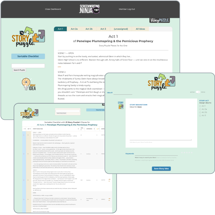 3 views of the Story Puzzle® in Writing Ninja Software for Writers